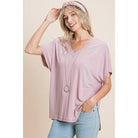 Solid V Neck Casual And Basic Top With Short Dolman Sleeves And Side Slit Hem-Shirts & Tops-NXTLVLNYC