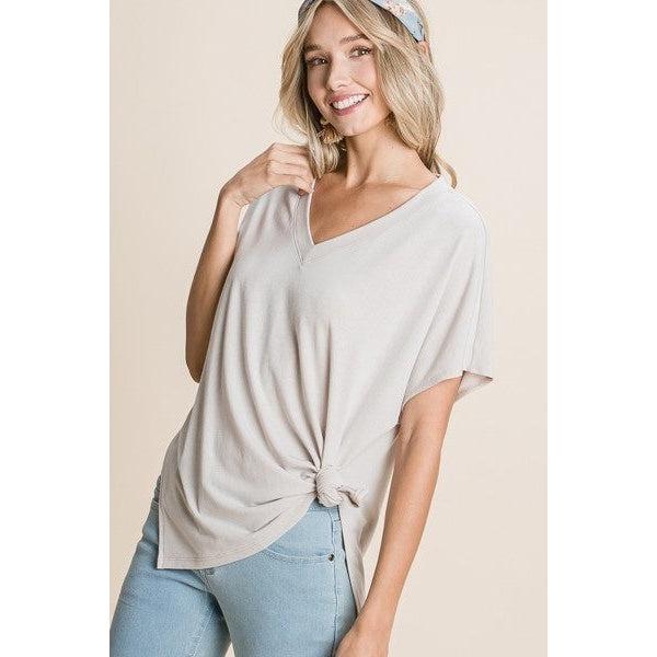 Solid V Neck Casual And Basic Top With Short Dolman Sleeves And Side Slit Hem-Shirts & Tops-NXTLVLNYC