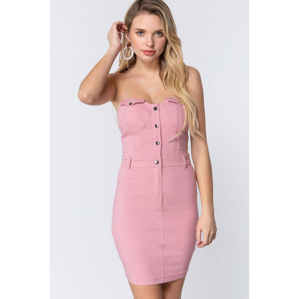Strapless Button Down Mini Dress-Clothing Dresses-NXTLVLNYC
