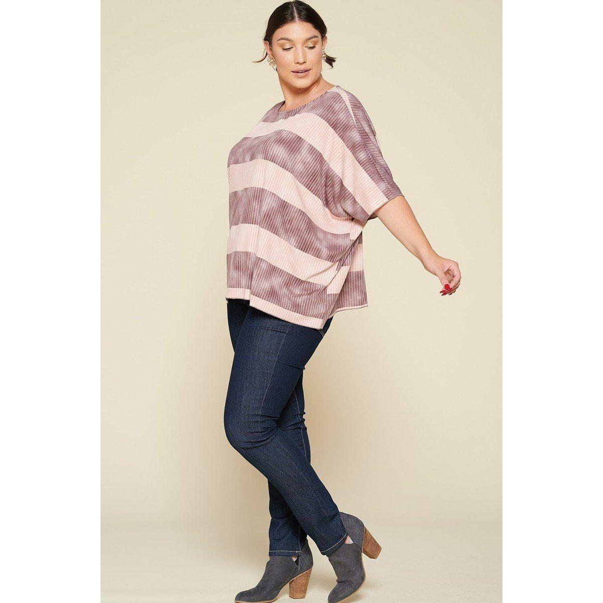 Stripe Printed Pleated Blouse Featuring A Boat Neckline And 1/2 Sleeves-Clothing Tops-NXTLVLNYC