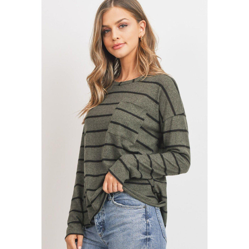 Striped Front Pocket Round Collar-Clothing Tops-NXTLVLNYC