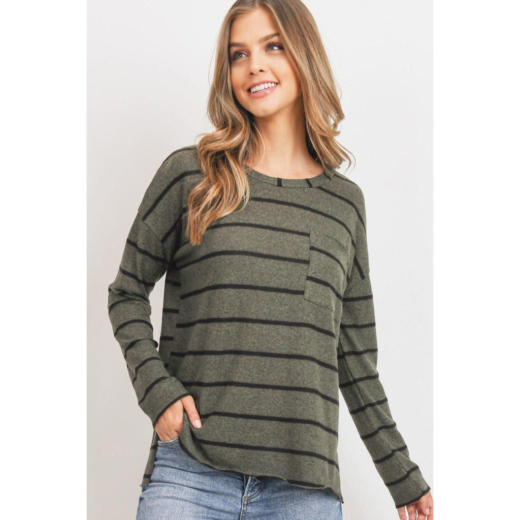 Striped Front Pocket Round Collar-Clothing Tops-NXTLVLNYC
