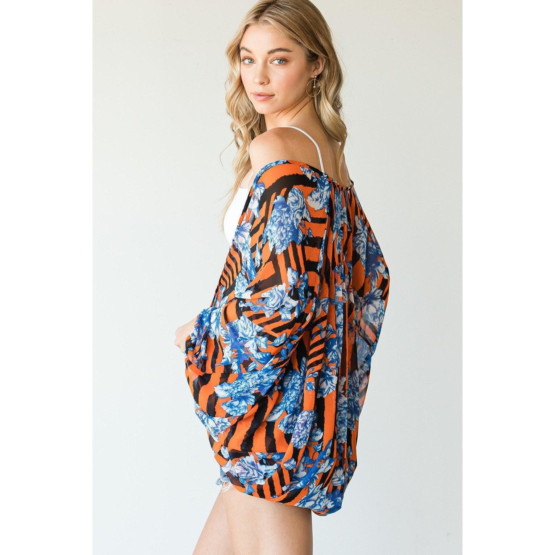 Stripes And Floral Print Lightweight Kimono-Kimonos-NXTLVLNYC