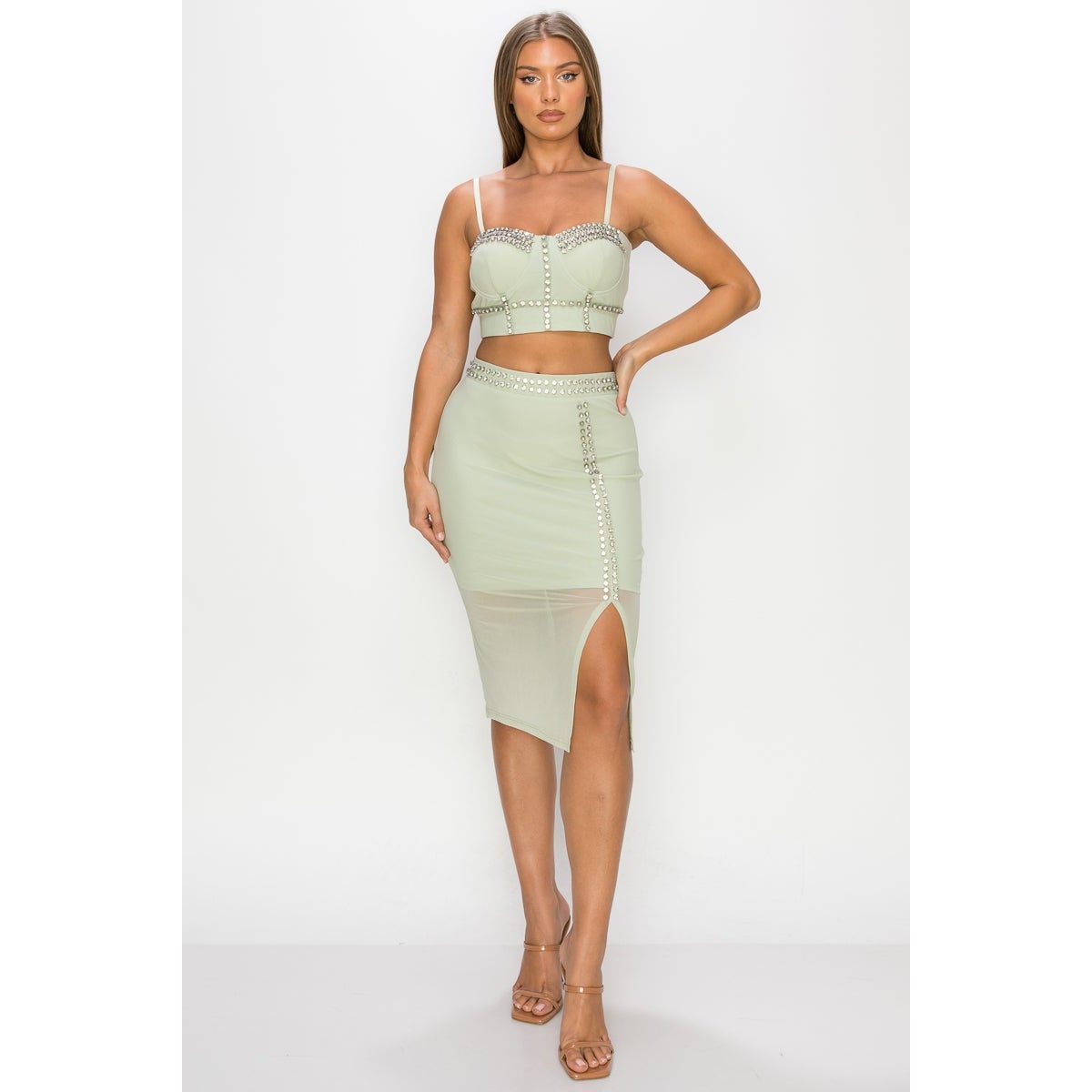 Studded Stone Cami Top & Slit Mini Skirts Set-Dresses-NXTLVLNYC