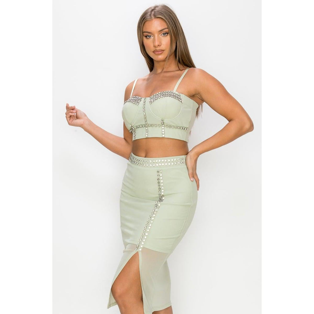Studded Stone Cami Top & Slit Mini Skirts Set-Dresses-NXTLVLNYC