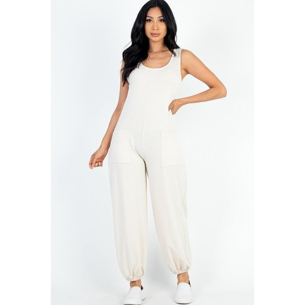 Casual Solid French Terry Sleeveless Scoop Neck Front Pocket Jumpsuit-NXTLVLNYC
