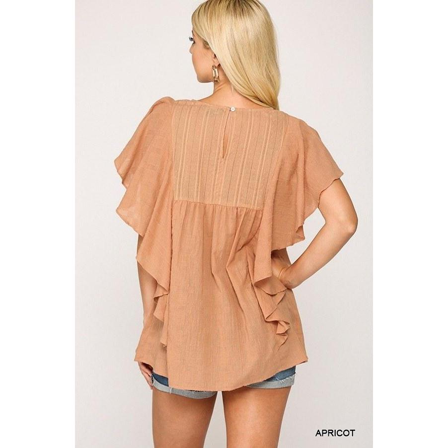Textured Ruffle Sleeve Tunic Top With Back Keyhole-Clothing Tops-NXTLVLNYC