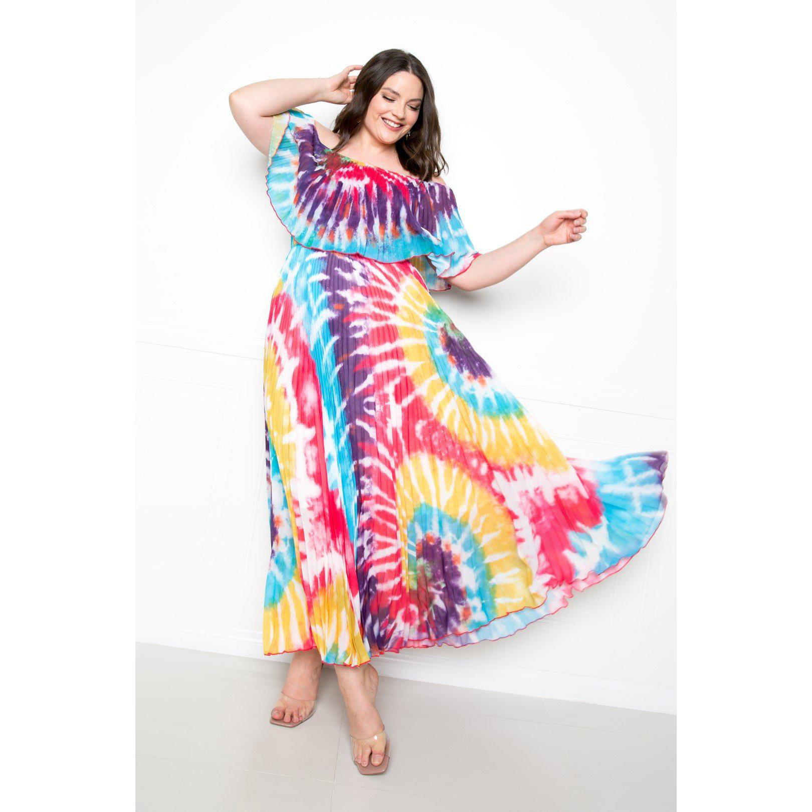 Tie Dye Off Shoulder Pleated Maxi Dress-Clothing Dresses-NXTLVLNYC