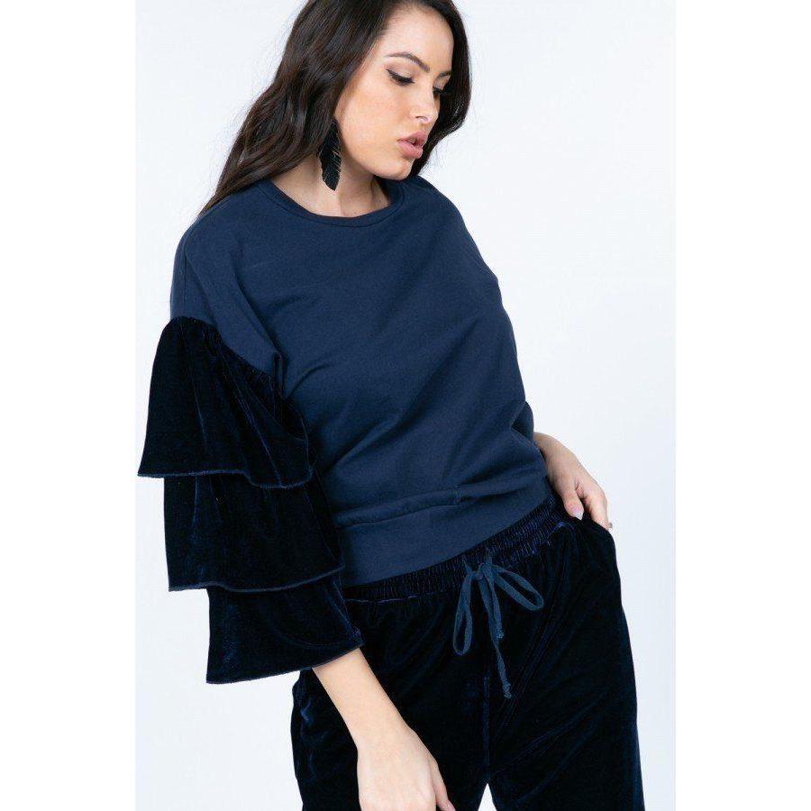 Tiered Velvet Ruffle Sleeve Pullover Crewneck Top-Women - Apparel - Activewear - Tops-NXTLVLNYC
