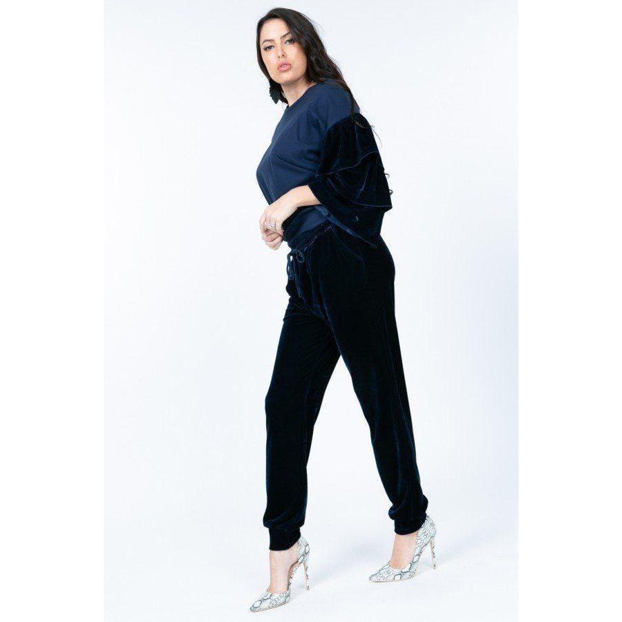 Tiered Velvet Ruffle Sleeve Pullover Crewneck Top-Women - Apparel - Activewear - Tops-NXTLVLNYC