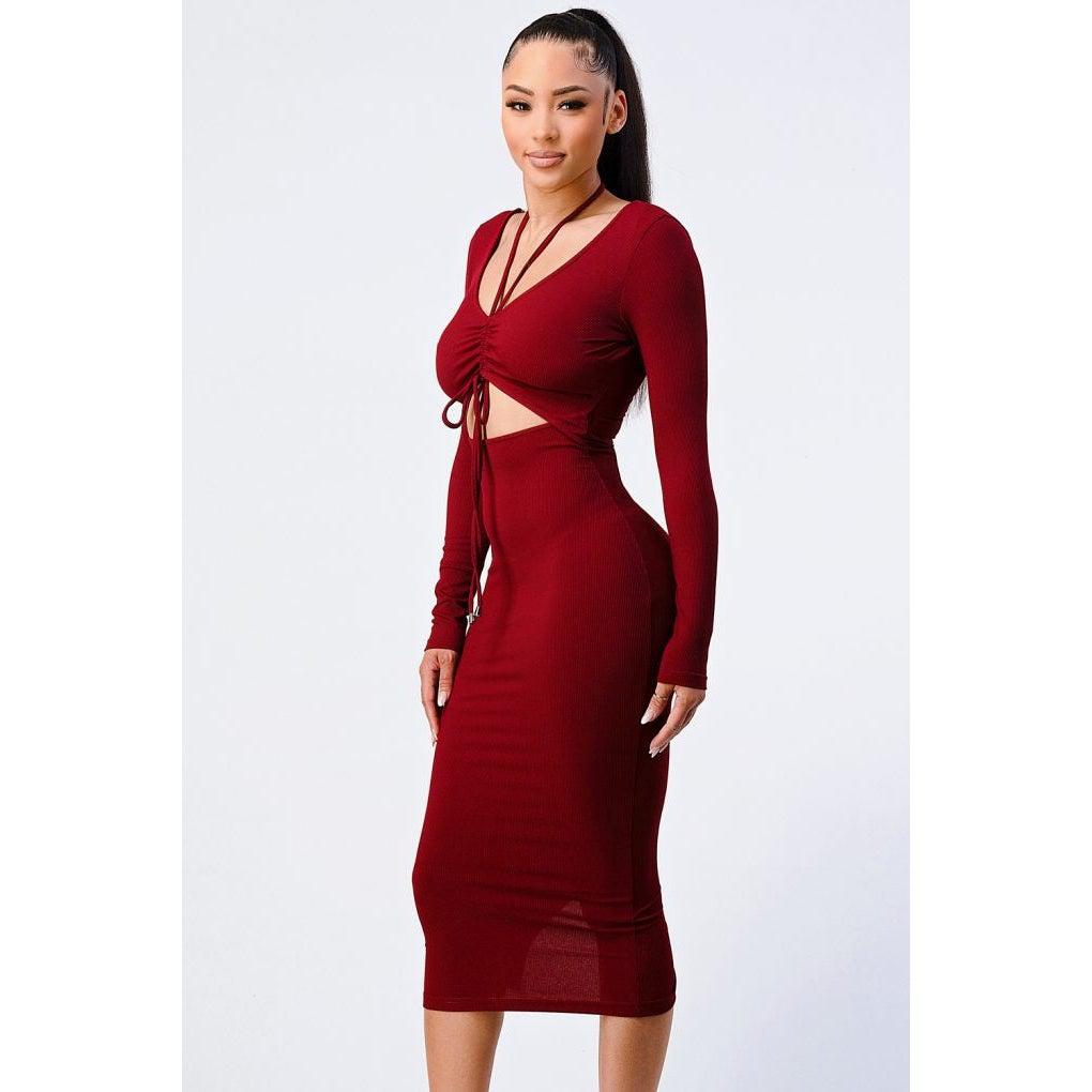 Trendy Front Shirring Cut-out Long Sleeved Dress-NXTLVLNYC