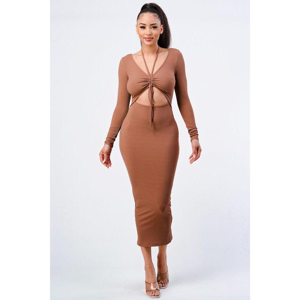 Trendy Front Shirring Cut-out Long Sleeved Dress-NXTLVLNYC