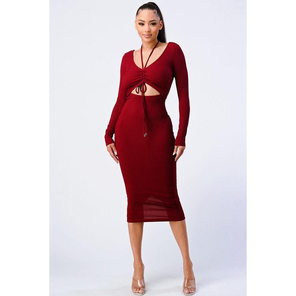 Trendy Front Shirring Cut-out Long Sleeved Dress-NXTLVLNYC