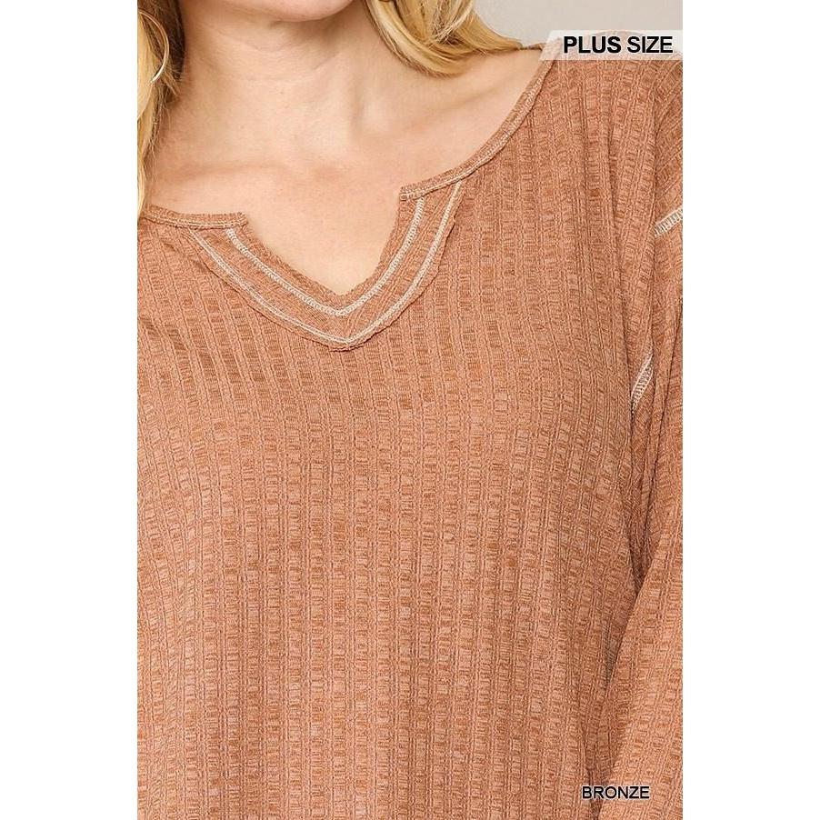 Two-tone Ribbed Tunic Top With Side Slits-Clothing Tops-NXTLVLNYC