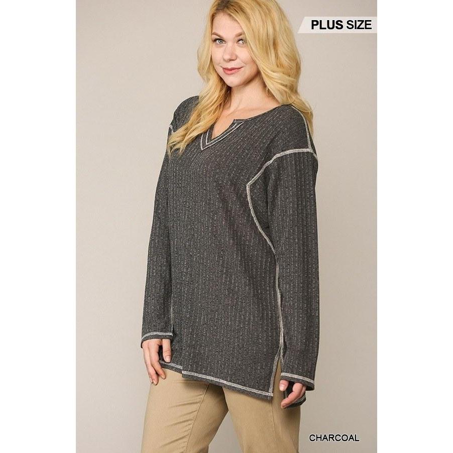 Two-tone Ribbed Tunic Top With Side Slits-Clothing Tops-NXTLVLNYC