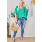 V Neck Dolman Sleeves Front Waist Elastic Solid Top-NXTLVLNYC