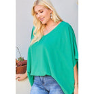 V Neck Dolman Sleeves Front Waist Elastic Solid Top-NXTLVLNYC