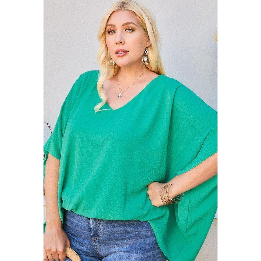 V Neck Dolman Sleeves Front Waist Elastic Solid Top-NXTLVLNYC