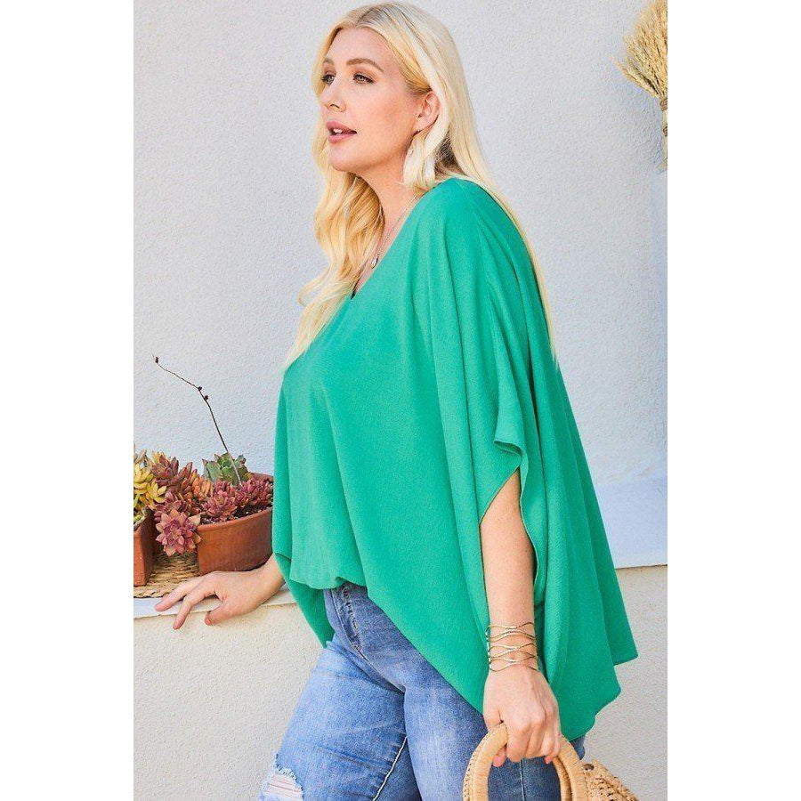 V Neck Dolman Sleeves Front Waist Elastic Solid Top-NXTLVLNYC