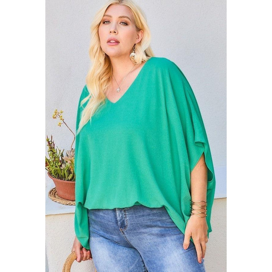 V Neck Dolman Sleeves Front Waist Elastic Solid Top-NXTLVLNYC