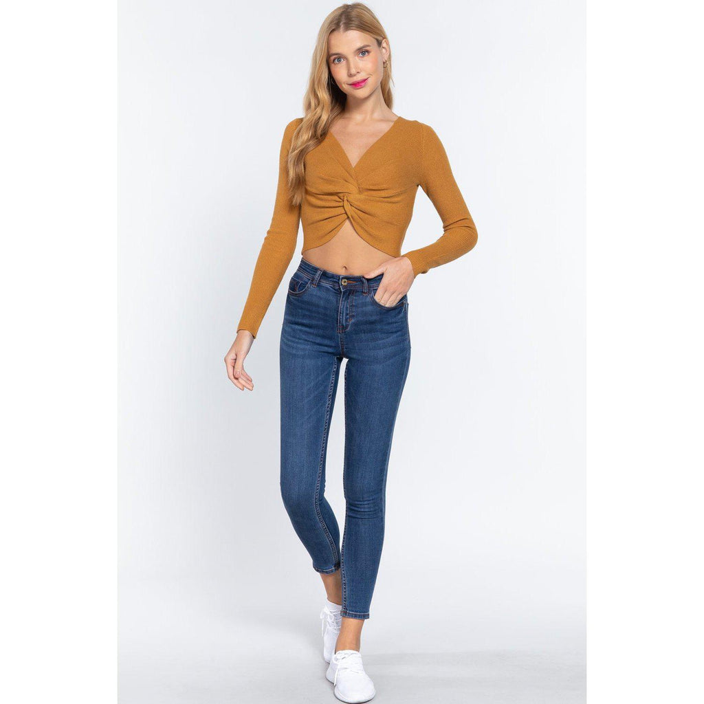 V-neck Front Knotted Crop Sweater-NXTLVLNYC