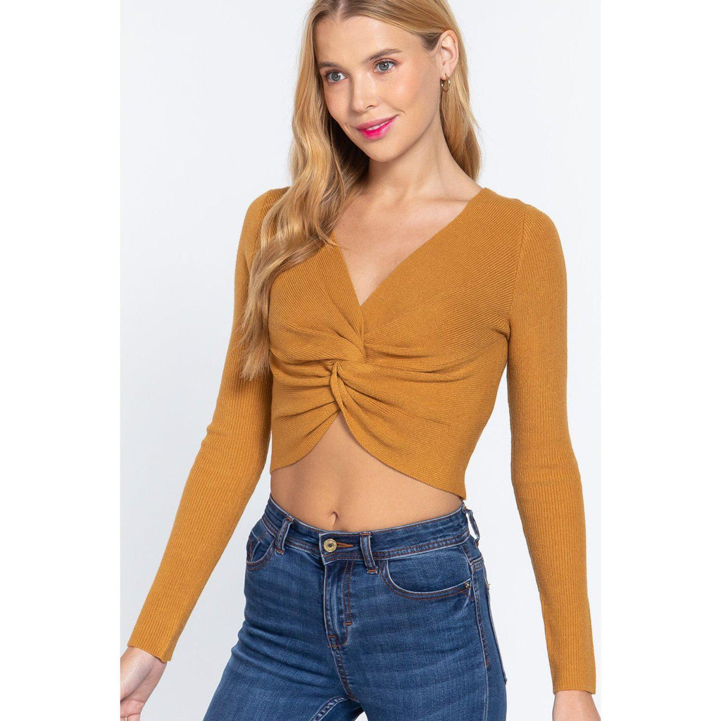 V-neck Front Knotted Crop Sweater-NXTLVLNYC