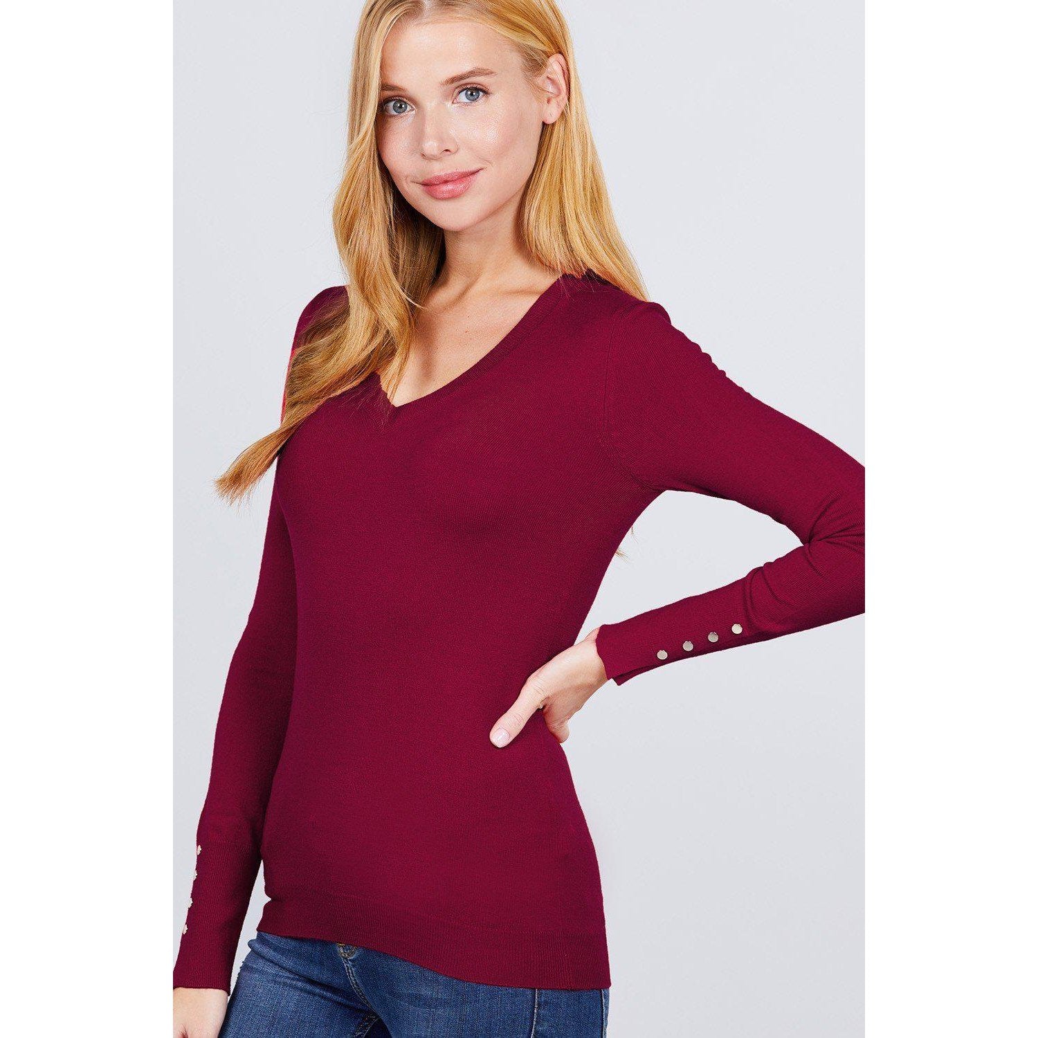 V-neck Sweater W/rivet Button-Clothing Sweaters-NXTLVLNYC