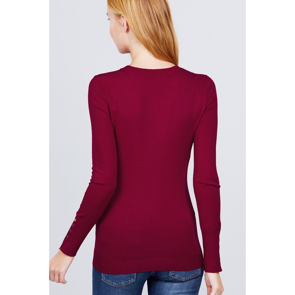 V-neck Sweater W/rivet Button-Clothing Sweaters-NXTLVLNYC