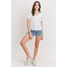 Waffle Raw Edge V-neck Rolled Up Short Sleeves Top-Clothing Tops-NXTLVLNYC