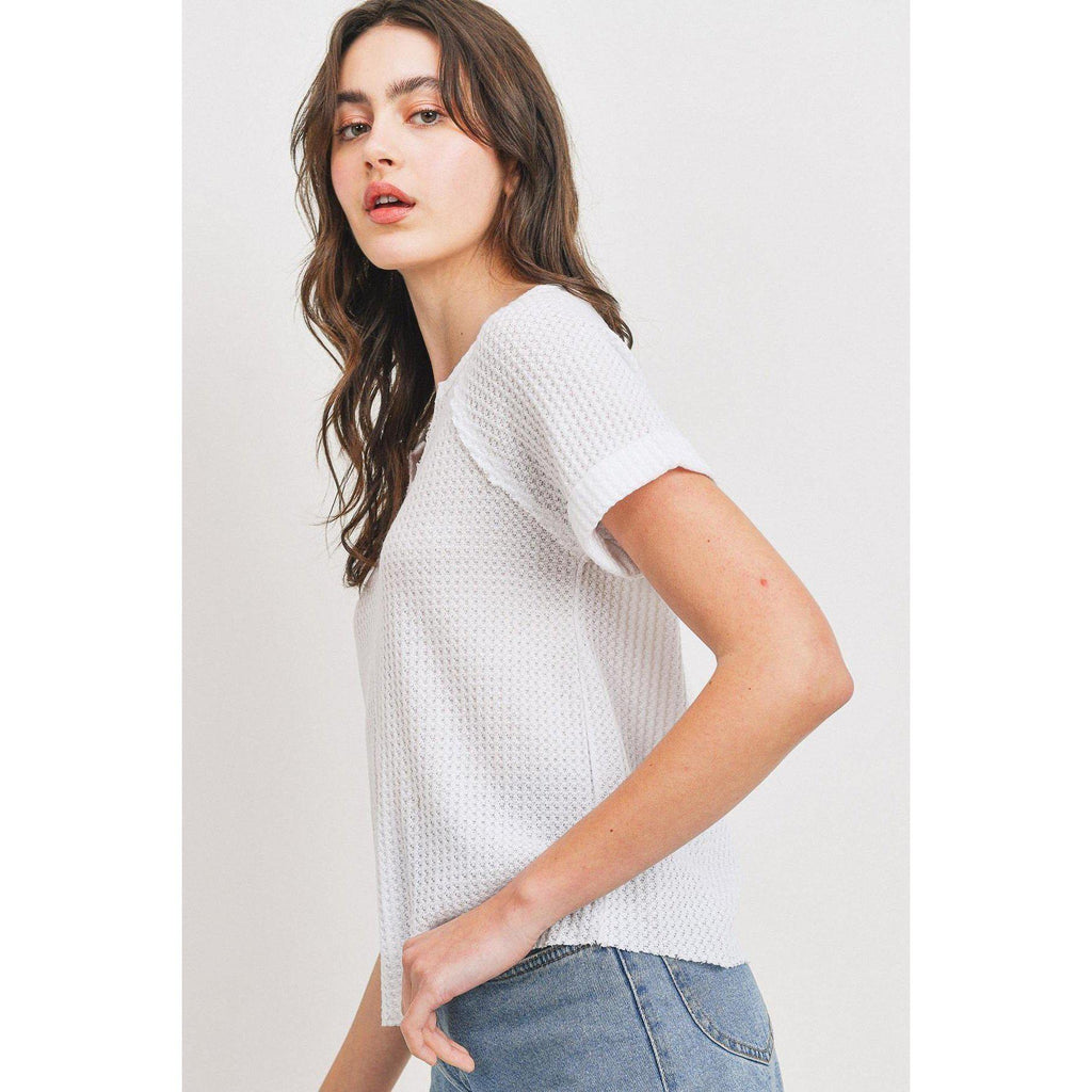 Waffle Raw Edge V-neck Rolled Up Short Sleeves Top-Clothing Tops-NXTLVLNYC