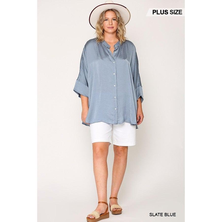 Washed Satin Button Down Loose Fit Top With Hi-lo Hem-Shirts & Tops-NXTLVLNYC
