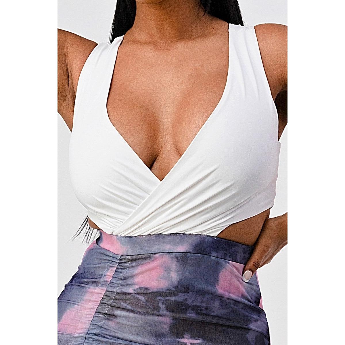 White Sleeveless Top With Detachable Rhinestone Cross Open Back With Bodycon Tie Dye Ruched Mini Dress-NXTLVLNYC
