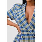 Wide Collared Double Breasted Plaid Blazer Mini Dress-NXTLVLNYC