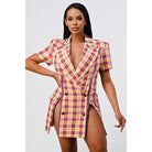 Wide Collared Double Breasted Plaid Blazer Mini Dress-NXTLVLNYC