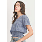 Woven Printed Crinkle Gauze Waist Smocking Short Sleeve Top-Clothing Tops-NXTLVLNYC